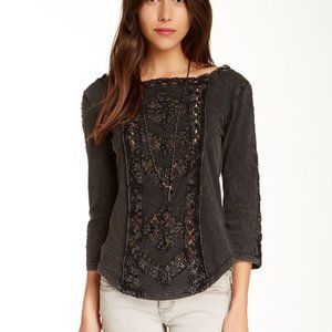 Free People Truly Madly Crochet Trim Tee Shirt Top